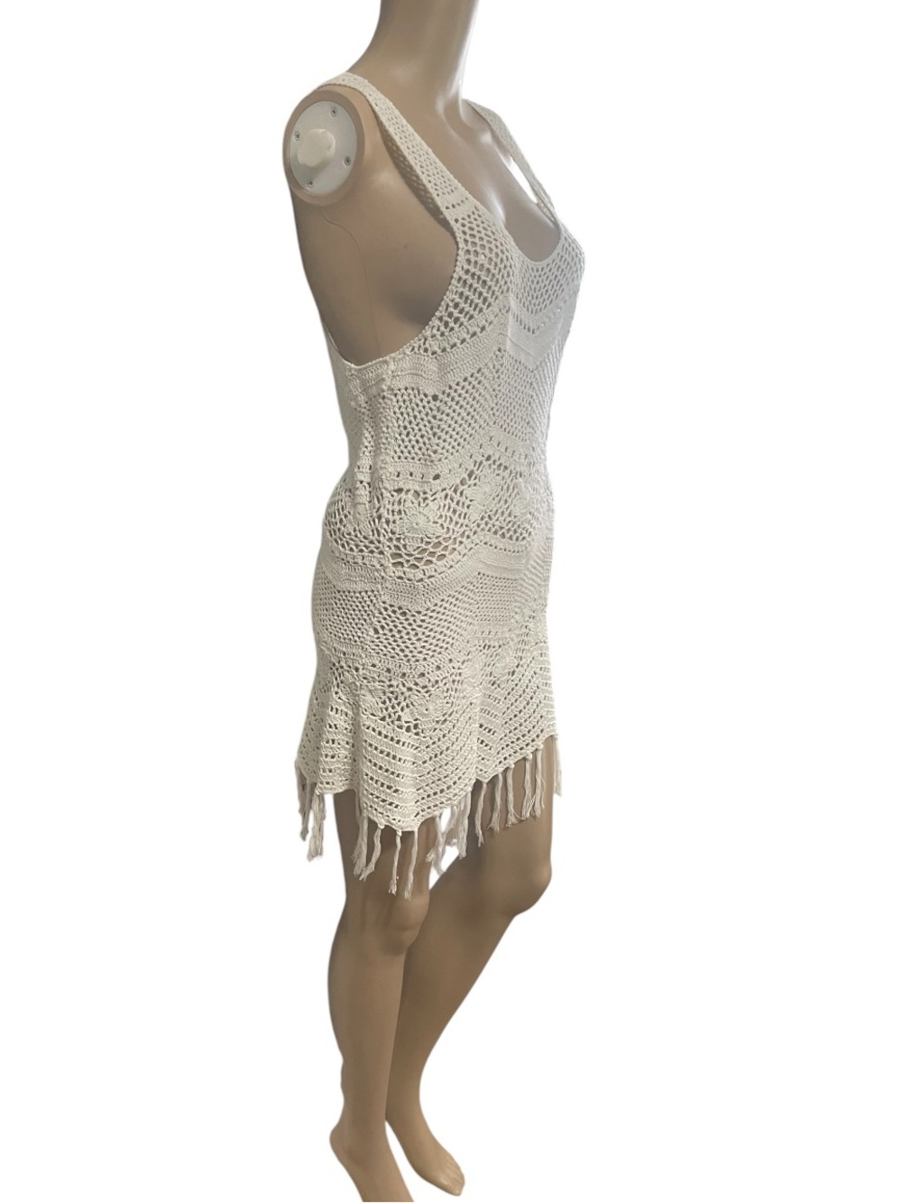 Crochet mini dress fringe swim coverup - Picture 7 of 16